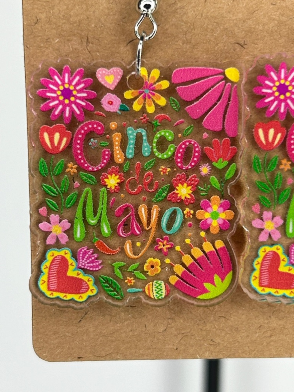 Cinco de Mayo Floral Acrylic Dangle Earrings - Bright Multicolor Fashion Jewelry - Picture 2 of 4